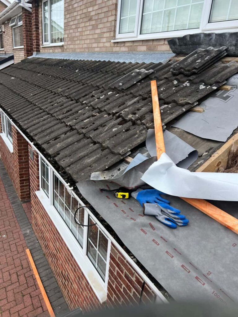 This is a photo of a pitched roof which is being repaired. The existing roof was leaking badly. Works carried out by LJ Roofing Penhill
